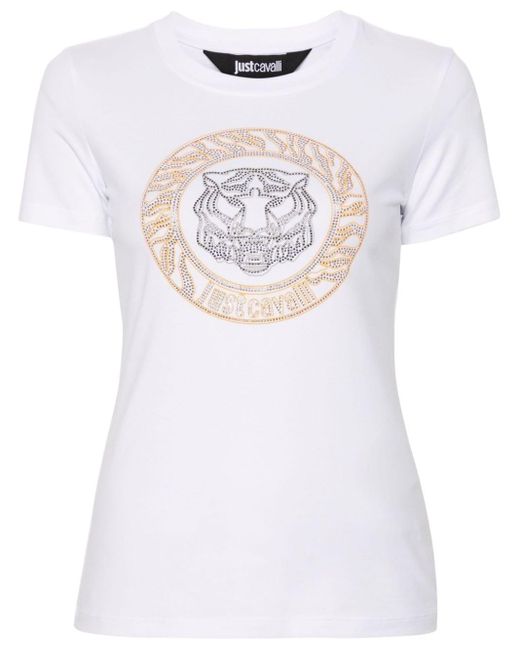 Just Cavalli White T-Shirt mit Tigerkopf und Nieten
