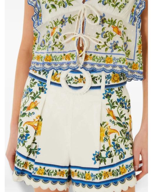 Farm Rio Blue Emily Floral-Print Scalloped-Edge Shorts