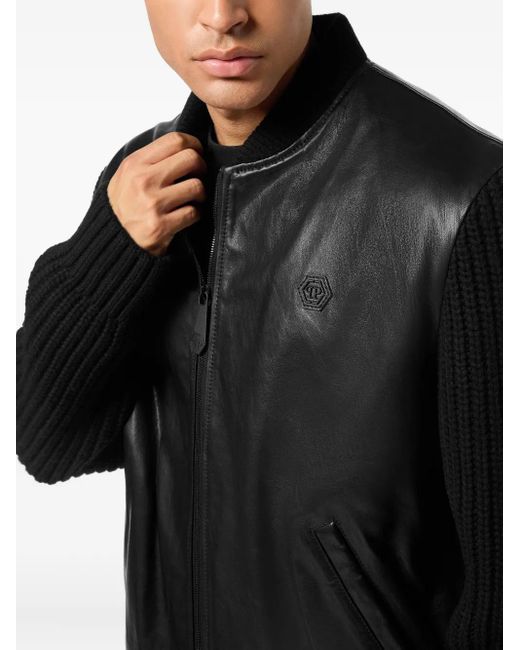 Philipp Plein Black Leather Knitted-Sleeve Jacket for men