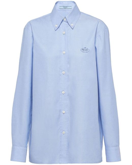 Prada Blue Ricamo Brand-embroidered Regular-fit Cotton Oxford Shirt