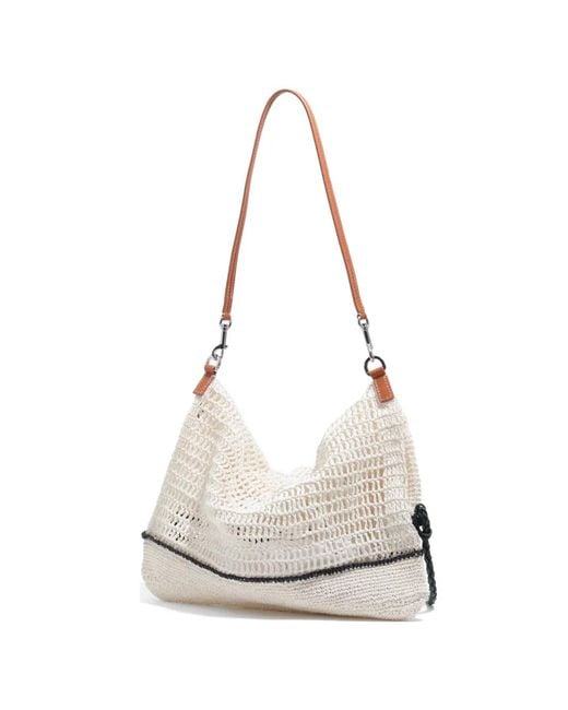 Bimba Y Lola White Medium Raffia-Effect Shoulder Bag