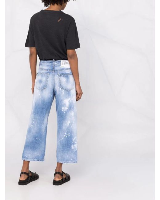 DSquared² Blue Distressed Paint-Splattered Wide-Leg Jeans