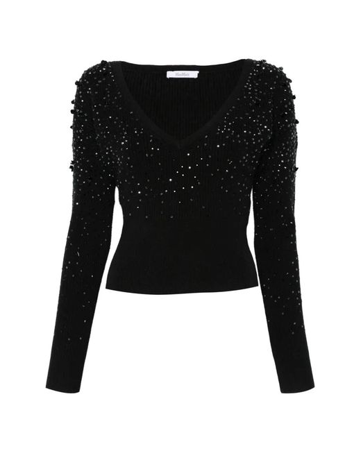 Max Mara Black Gang Beaded V-Neck Sweater
