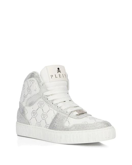 Philipp Plein White High Top Sneakers Carson Monogram Strass