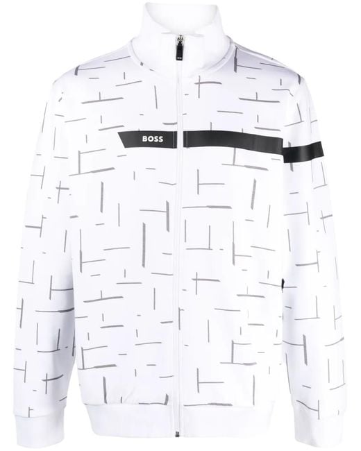 Boss White Logo-Print Zip-Up Sweatshirt for men