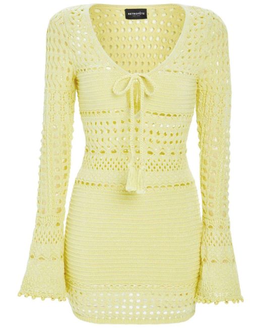 retroféte Yellow Peony Knit Crochet Dress