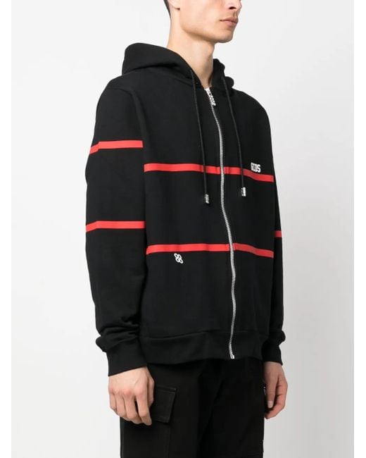 Gcds Black Stripe-Print Zip-Up Hoodie for men