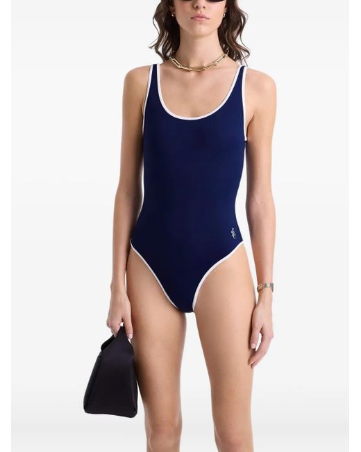 Sporty & Rich Blue Carla Scoop-Neck Contrast-Trim Swimsuit
