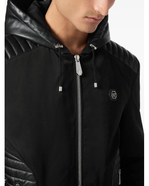 Philipp Plein Black Hooded Leather-Insert Jacket for men