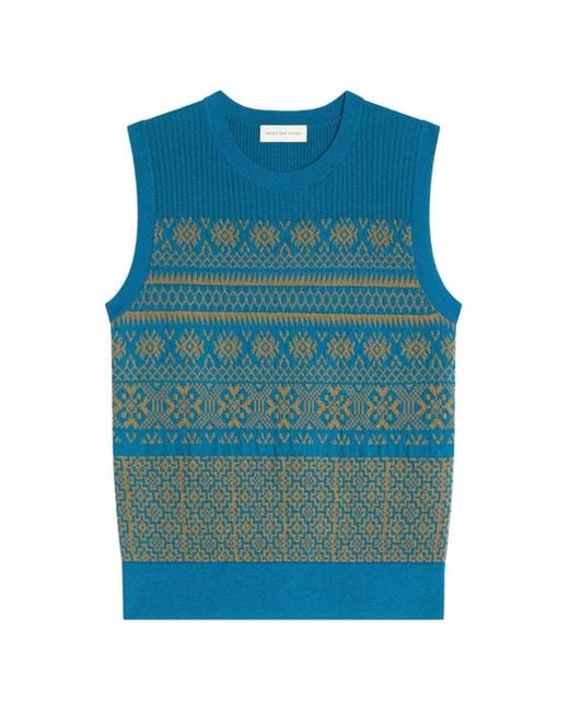 Dries Van Noten Blue Jacquard Wool Sweater for men