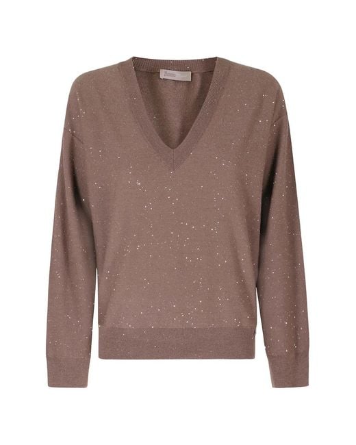 Herno Brown Sequin-Embellished V-Neck Sweater