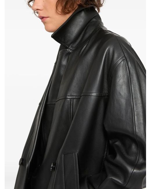 Yves Salomon Black Double-Breasted Leather Jacket