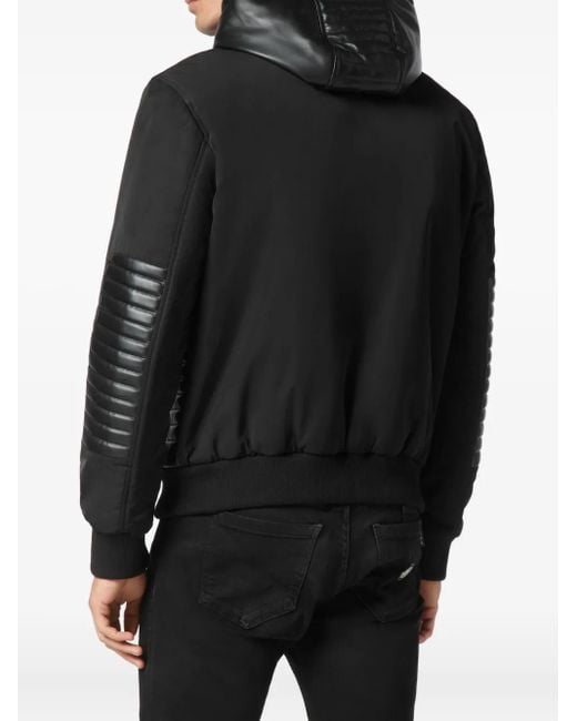 Philipp Plein Black Hooded Leather-Insert Jacket for men