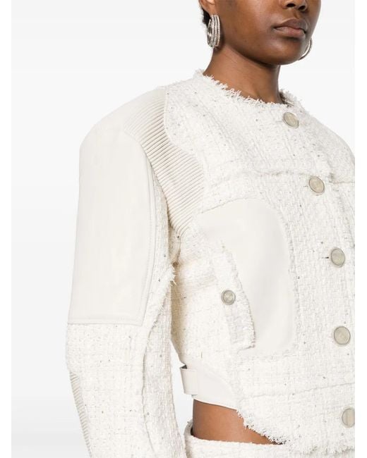 Gcds White Leather-Panel Tweed Jacket