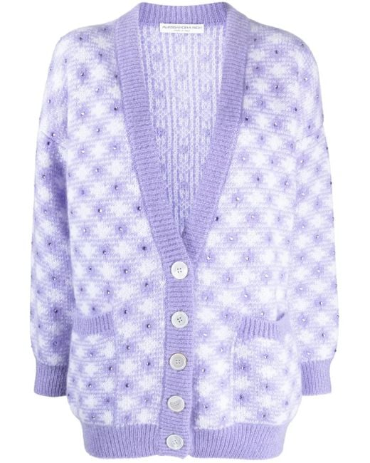 Alessandra Rich Purple Vichy-Intarsia Crystal-Embellished Cardigan