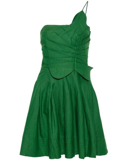 Farm Rio Lea One-shoulder Pleated Mini Dress Green