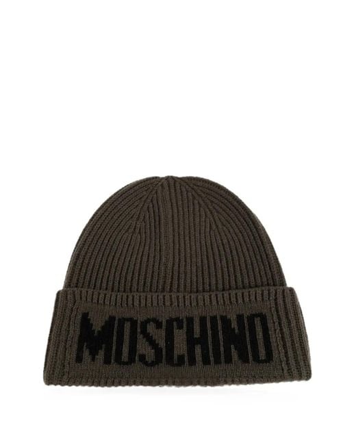 Moschino Black Logo-Intarsia Ribbed-Knit Beanie Hat
