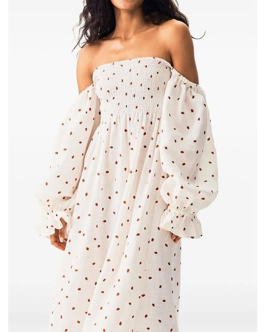 Sleeper White Atlanta Strawberry-Print Linen Midi Dress