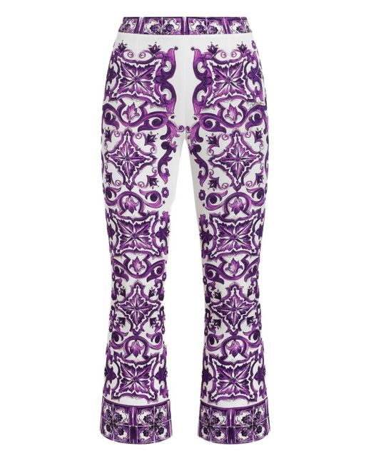 Dolce & Gabbana Majolica Print Silk Trousers Purple
