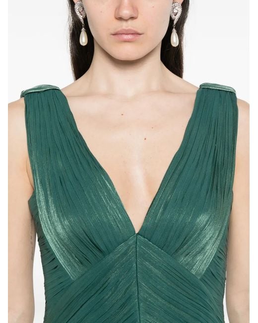 Costarellos Green Anilia Pleated V-Neck Maxi Dress