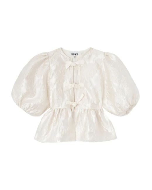 Ganni Blouse Met Pofmouwen En Strik in het White