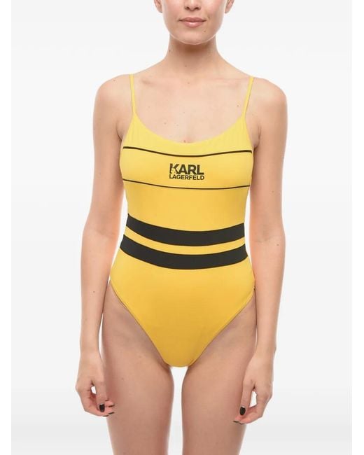 Karl Lagerfeld Yellow Logo-Print Striped Swimsuit