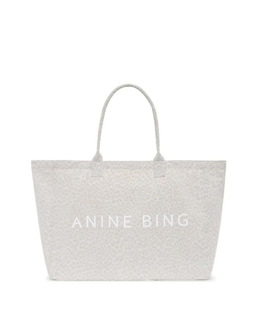 Anine Bing White Leopard-Print Canvas Tote Bag