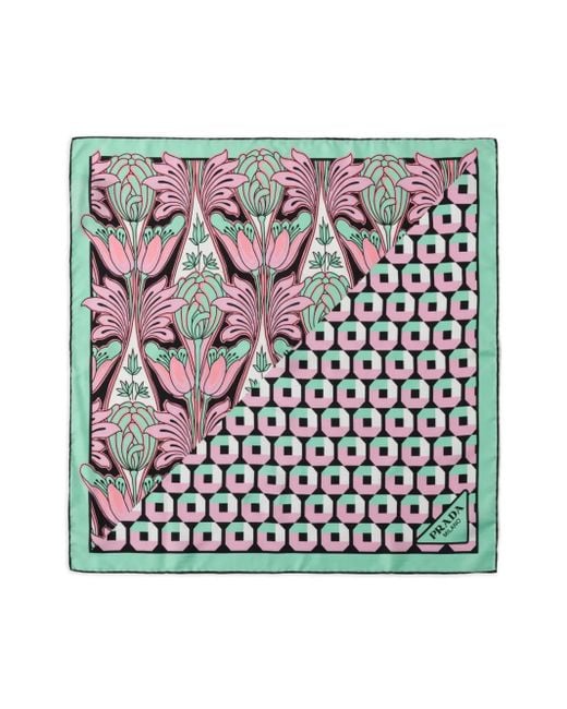 Prada Green Silk Twill Printed Scarf