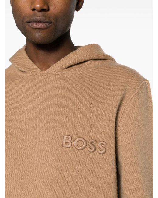 Boss Brown Logo-embroidered Hooded Jumper for men