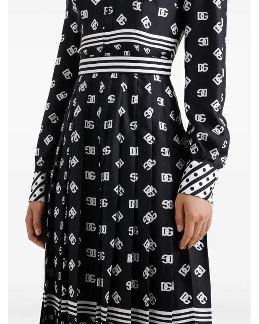 Dolce & Gabbana Black Dg Logo-Print Silk Shirt Dress