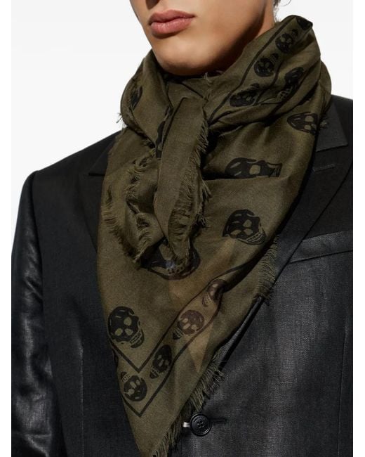 McQueen Green Skull-Print Scarf for men