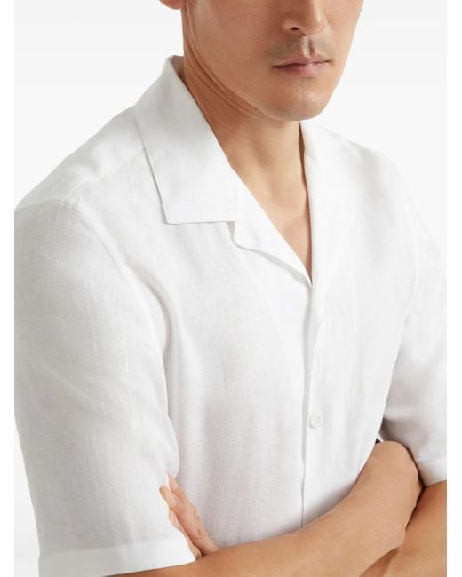 Brunello Cucinelli White Linen Short-Sleeve Shirt for men