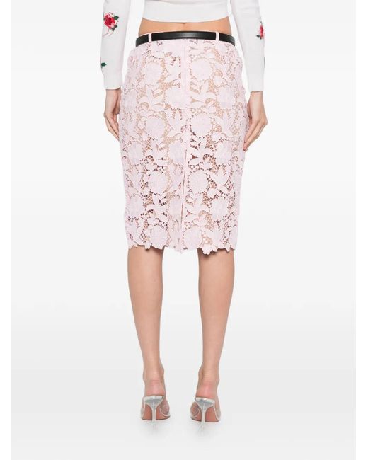 Self-Portrait Pink Floral-Lace Belted Midi Skirt