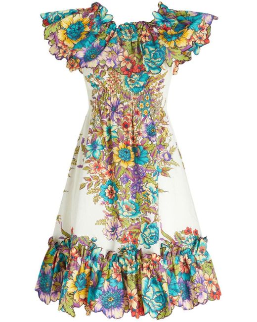 Etro Blue Floral-print Off-shoulder Cotton Dress
