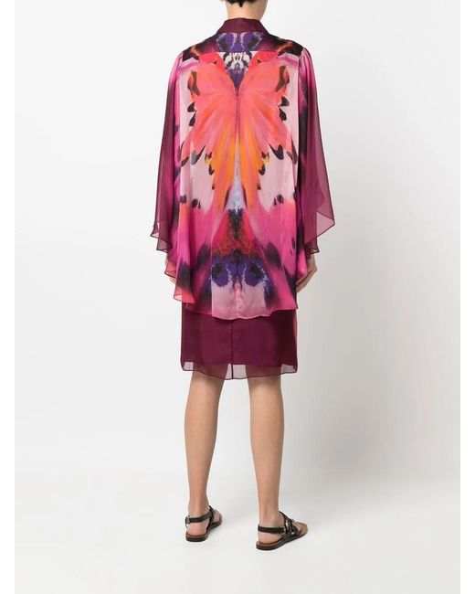 Alberta Ferretti Red Butterfly-Print Semi-Sheer Shirt Dress
