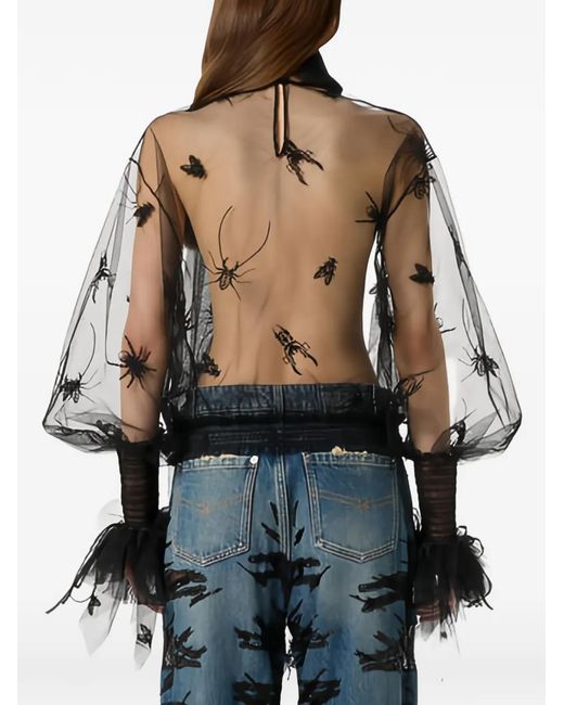 Blumarine Black Insect-Embroidered Tulle Blouse
