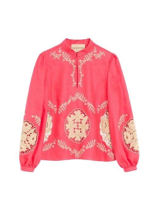 Valentino Garavani Pink Haut En Lin Couture À Broderies