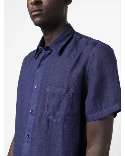 120% Lino Blue Slub-Texture Short-Sleeved Linen Shirt for men