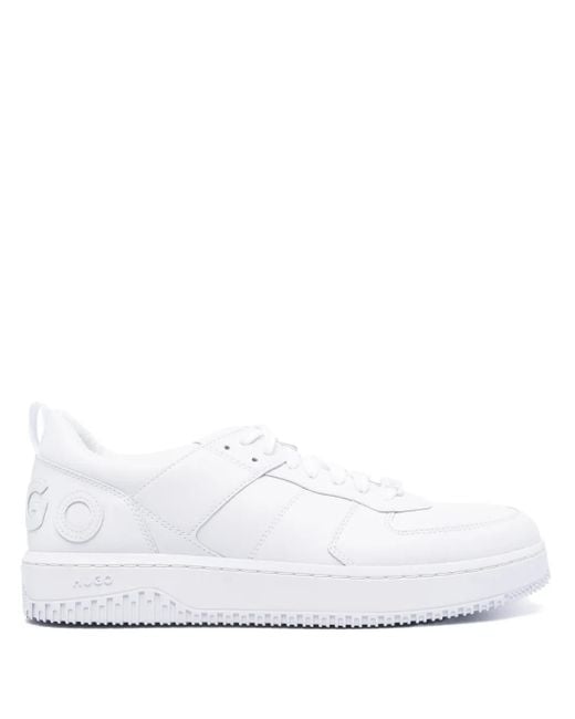 HUGO White Logo-Embossed Lace-Up Sneakers for men