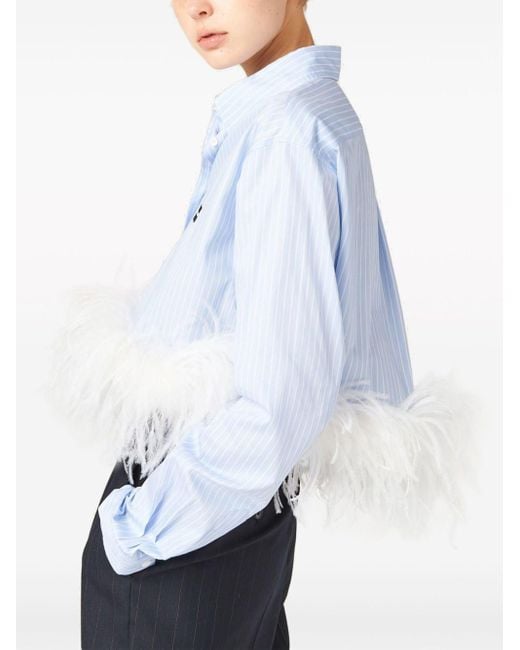 Miu Miu Blue Feather-trim Striped Cotton Shirt