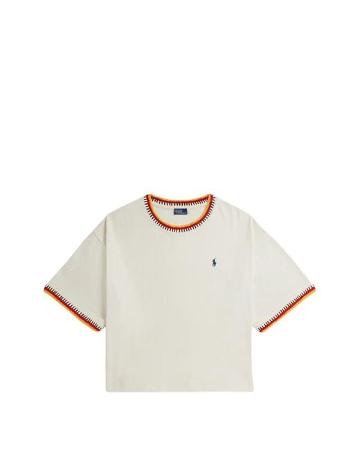 Polo Ralph Lauren White Crochet-Trim Cotton T-Shirt
