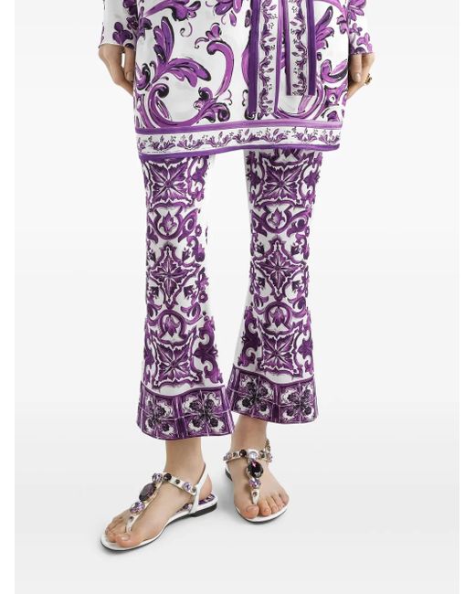 Dolce & Gabbana Majolica Print Silk Trousers Purple