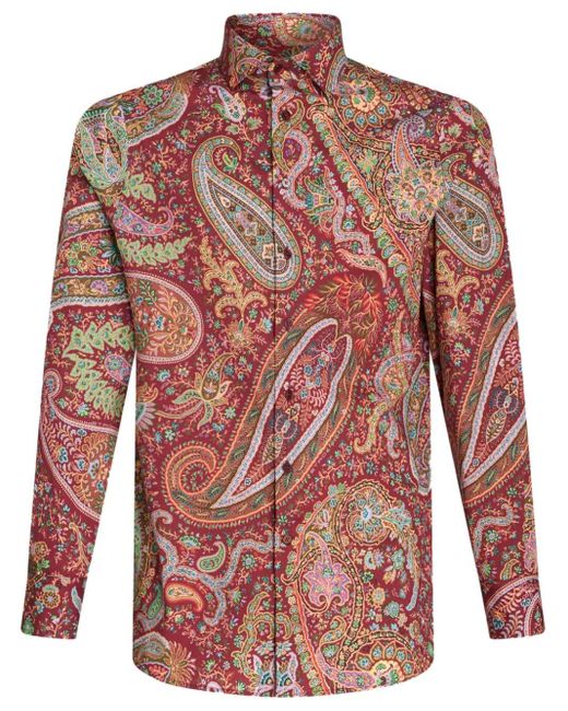 Etro Red Paisley-print Stretch-cotton Shirt for men