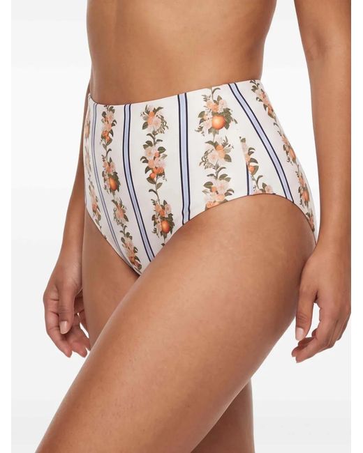 Agua Bendita White Floral-Print Striped Bikini Bottom