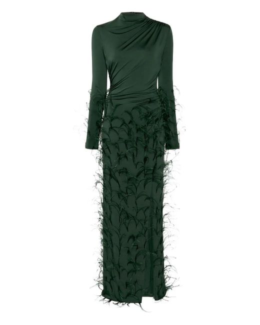 LAPOINTE Green Feathers-Embellished Jersey Maxi Dress