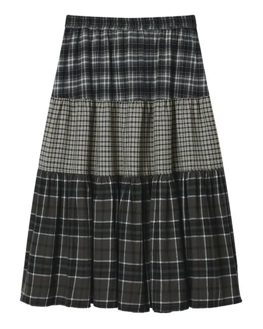 Mini Cream Gray Tiered Check Midi Skirt