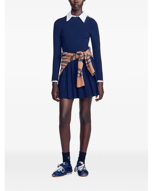 Sandro Blue Button-Detail Pleated Knitted Dress