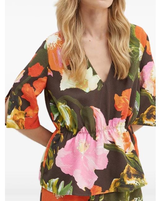 Stine Goya Red Floral-Pattern Short-Sleeve Blouse