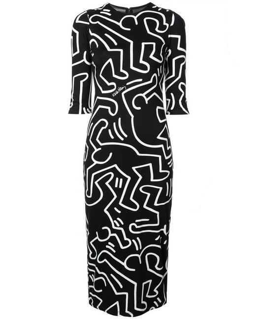 Alice + Olivia Black Keith Haring X Delora Fitted Crewneck Dress