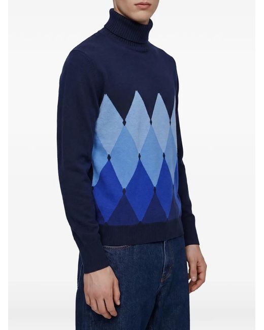 Ballantyne Blue Diamond-Pattern Roll-Neck Sweater for men